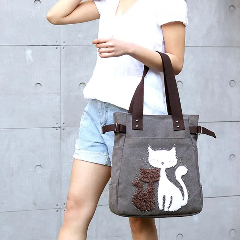 

Xianjian Spacious Canvas Shopping Totes Handbags of Embroidered Rhinestone Cute Cat Handbag totes Vintage Chic Bags of crazy cat