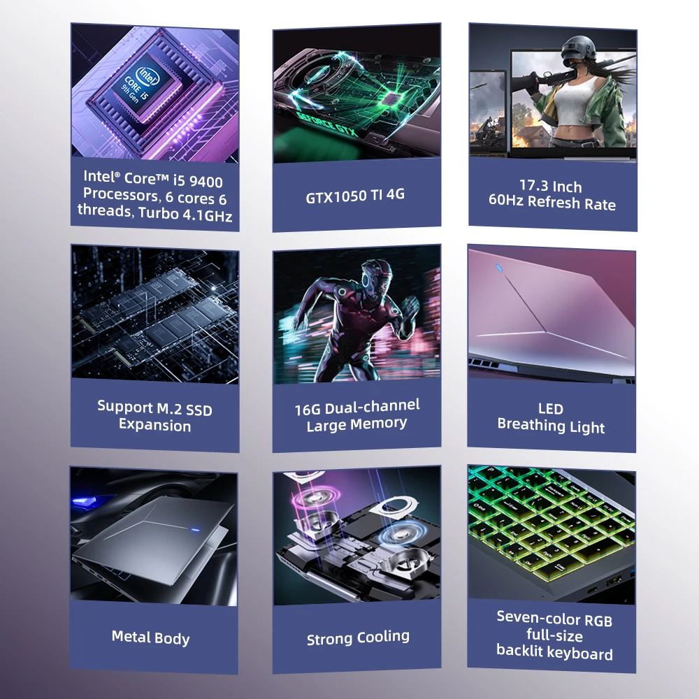 Ordenador portátil para videojuegos, computadora con procesador Intel Core i5 9400 + GTX1050 TI, pantalla FHD de 17,3 pulgadas, 16G, 512GB/1TB, SSD, Windows 10, GBook G17 - Imagen 6