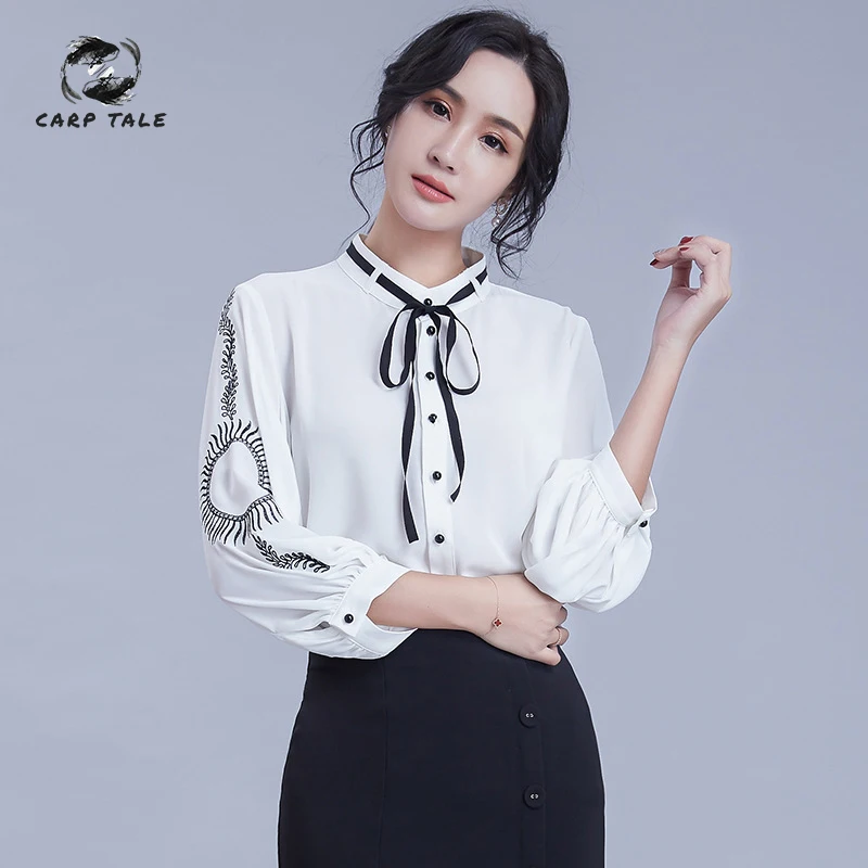 

Lantern Sleeve Cardigan Color Embroidery Women's Chiffon Shirt 2019 Lace Collar Non-elastic Loose Shirt Autumn Shirts Women Top
