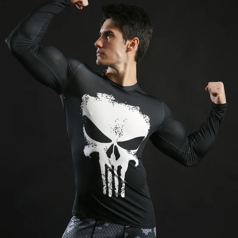 Fashion Punisher Printed Compression T-Shirt Men High Elasticity Fitness T Shirt Male Long Sleeve Tights Bodybuilding Tops | Мужская