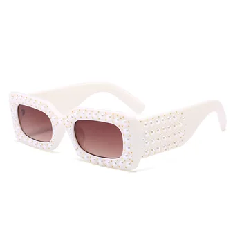 

Diamond wide-edged sunglasses rhinestone pearl inlaid female glasses translucent square street shooting party wild sun glasses