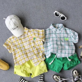

90-130cm height new 2020 summer fashion style plaid cartoon boys shirt 1pc kids short sleeve shirt boys summer shirt