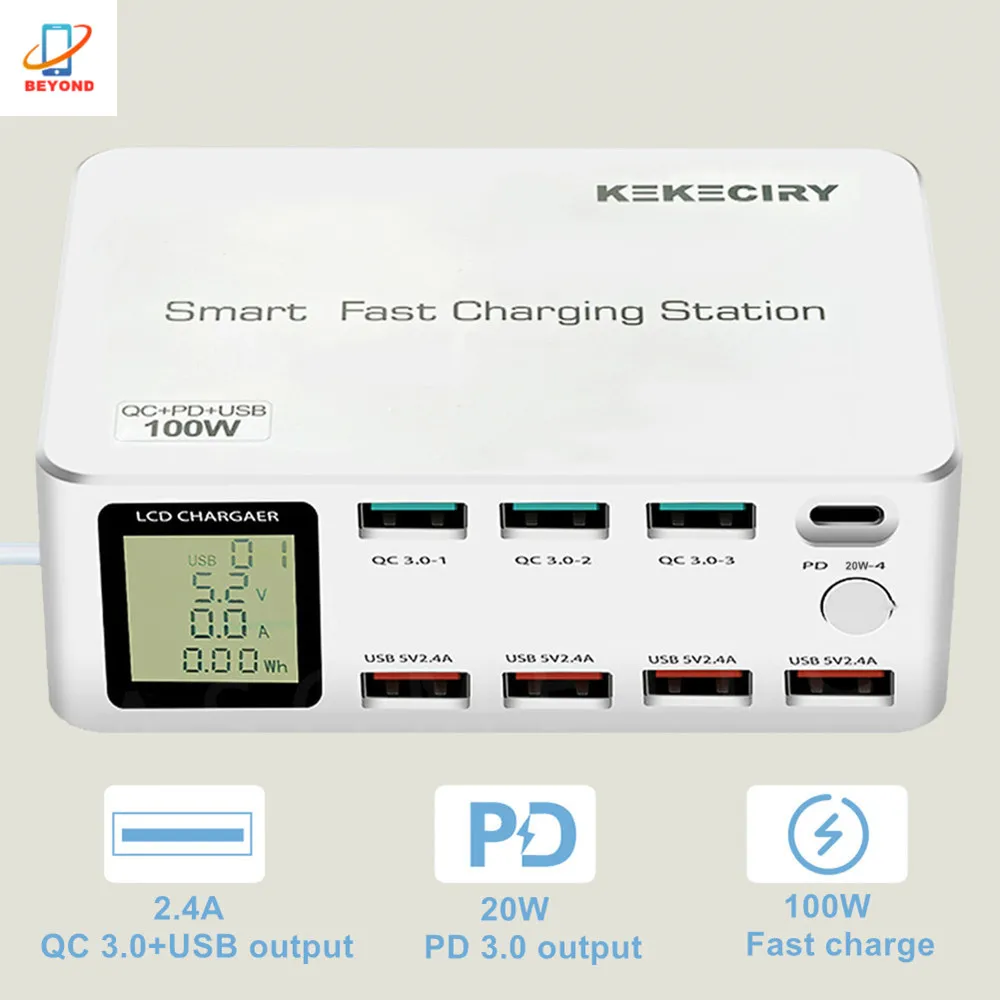 100w estação de carregamento rápido inteligente multi plugue com lcd 8 porto carga rápida qc 3.0 18w pd 10w USB-C carregador para iphone ipad samsung