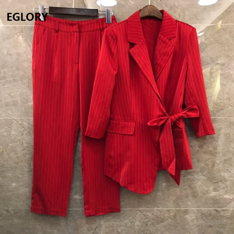 

Elegant Work Suits 2019 Autumn Blazer Sets Women Notched Collar Striped Print Blazer Jacket+Calf Length Pants & Capris Set 2 pc