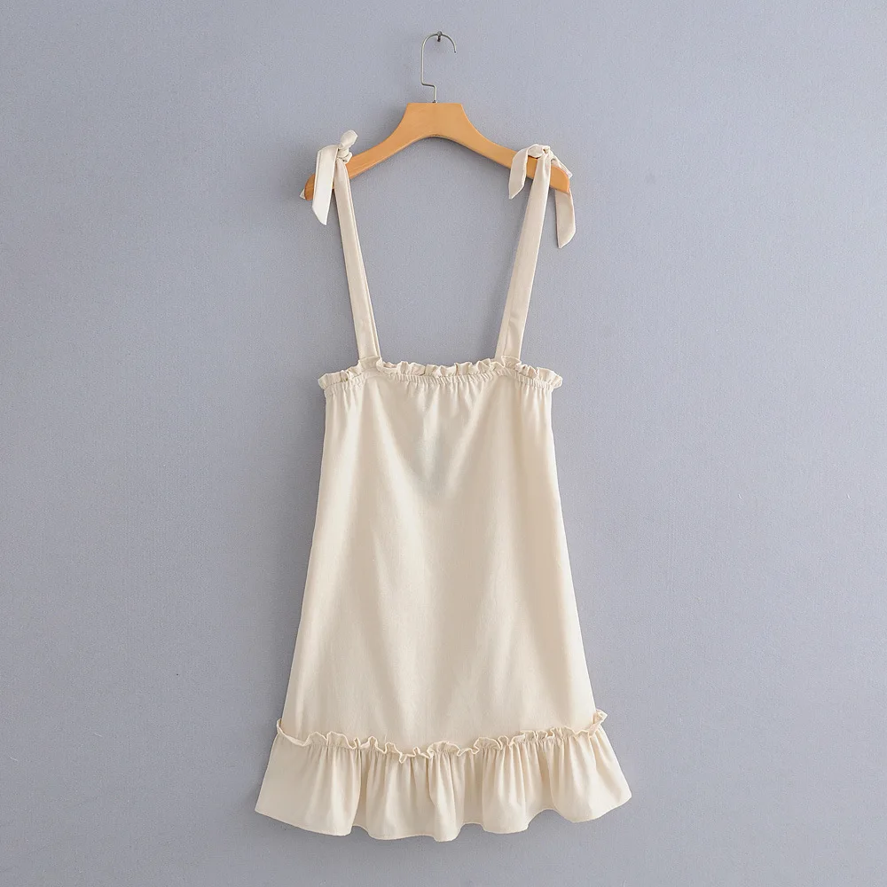 

2019 Spring Europe And America WOMEN'S Dress New Style Cotton Linen Lace-up Solid Color Dress 9529