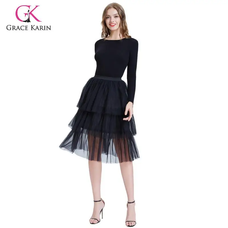 Grace Karin модная женская юбка черная Тюлевая сетчатая юбка эластичная талия три яруса двухслойная трапециевидная повседневная юбка