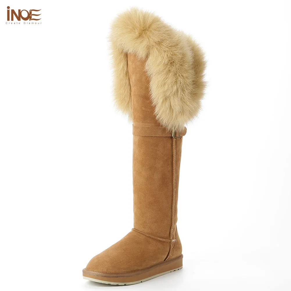 INOE fashion cow suede leather real fox fur boots with buckle over the knee long winter sued snow boots for women winter shoes