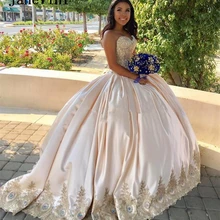 JaneVini Роскошные принцесса атласные Длинные бальные платья бальное платье Милая Золотые Аппликации кружевные со стразами Vestidos De Quince Anos