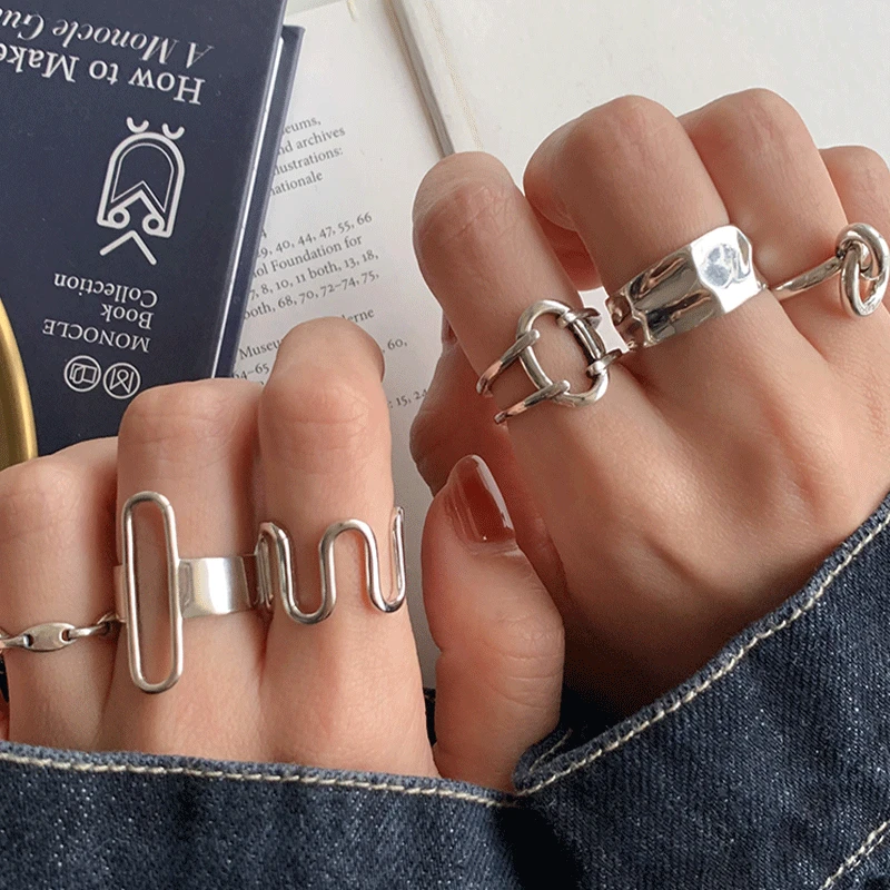 Anillos de plata de ley S925 para mujer, joyería de moda Retro geométrica hip hop, apertura ajustable, Unisex, accesorios, venta al por mayor