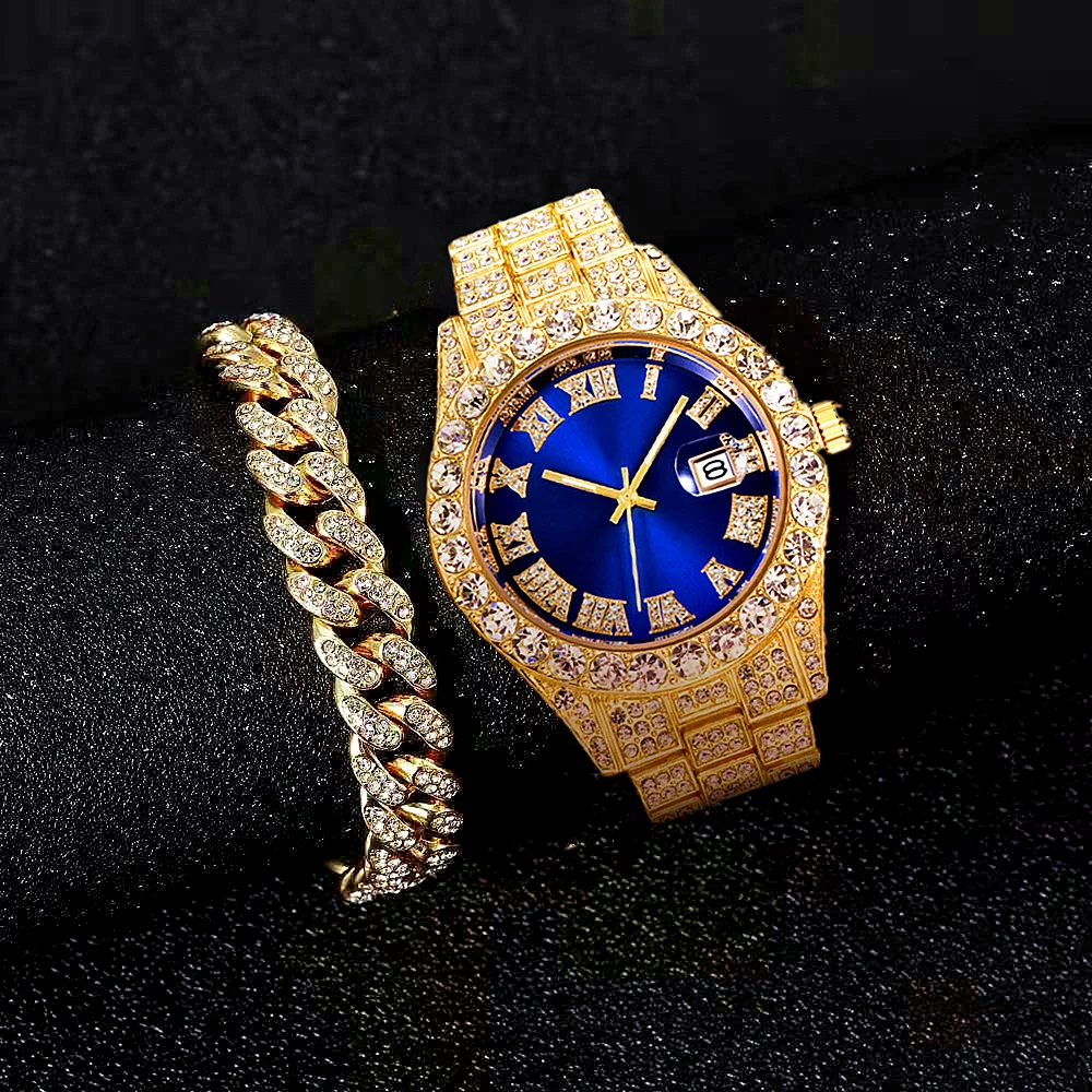 Full Iced Out Watch for Men Bling Miami Cuban Chain Bracelet Green Water Ghost Hip Hop Luxury Gold Watches Men Women Set Relojes