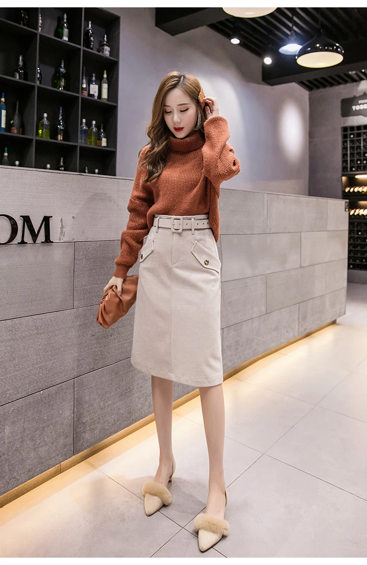 Trytree Autumn Winter Woman Casual Skirt Belt Pockets Fashion Skirt Solid 3 Colors Skirts A-Line Knee-Length Office Lady Skirt