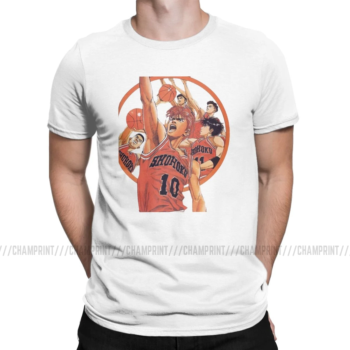 Мужская баскетбольная аниме футболка Slam Dunk, Sakuragi Hanamichi, Спортивная манга, одежда, потрясающая футболка с круглым воротником, футболка с принтом - Цвет: Белый