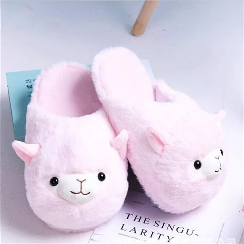 Women's Winter Cartoon Cotton Shoes Indoor Warm Sheep Plush Slippers Woman Fur Slides Cute Furry Animal Shoes Ladies Flip Flops - Цвет: As shown
