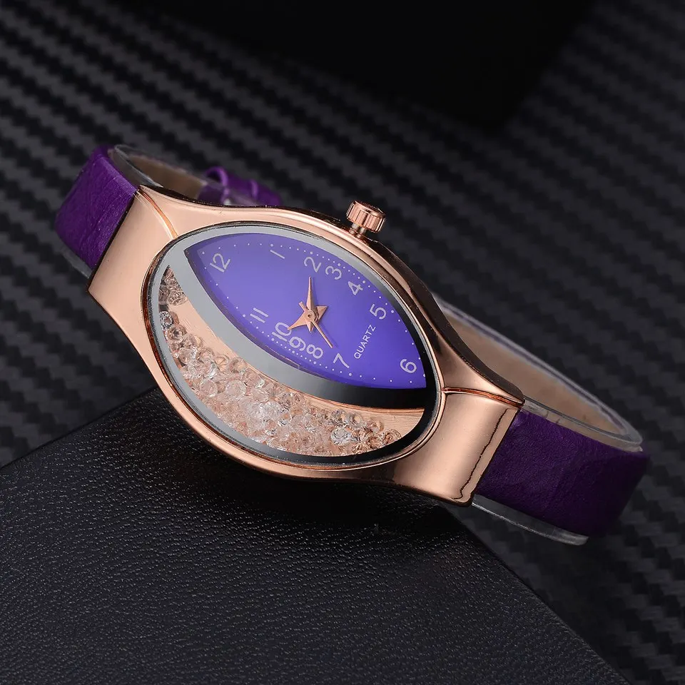 Women Fashion Luxury Watch Leather Strap Women Bracelet Clock Ellipse Rhinestone PU Sport Quartz Watch Wrist Watches For Women
