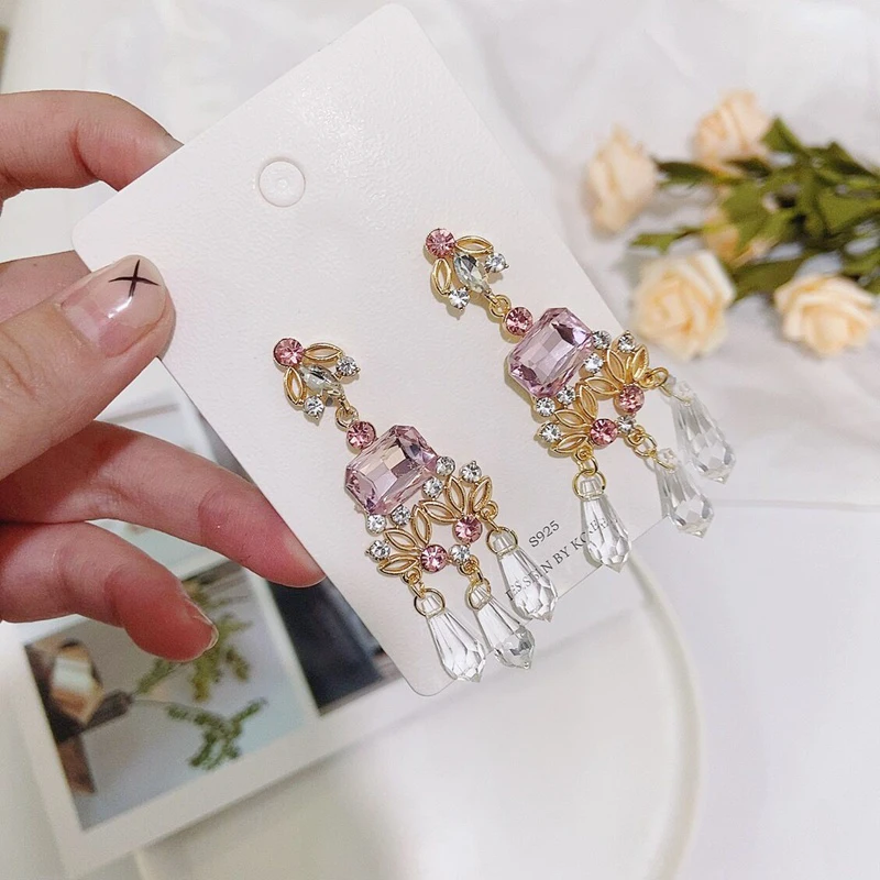 

MENGJIQIAO New Baroque Pink Crystal Vintage Tassel Drop Earrings For Women Fashion Holiday Party Jewelry Statement Gifts