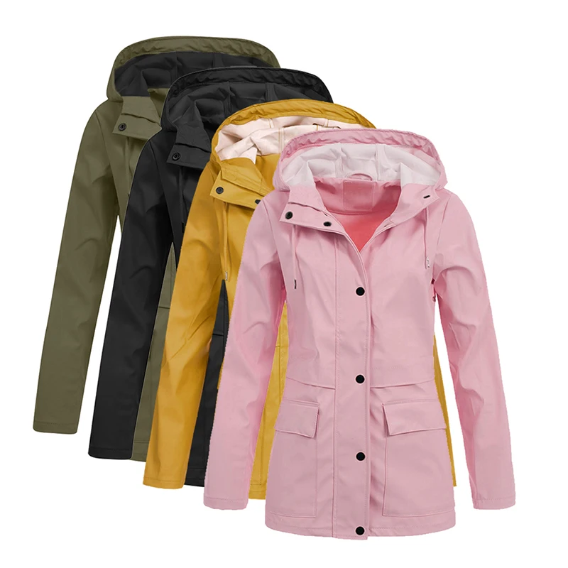 

Women's Spring Autumn Jackets Coat Hooded Long Sleeve Windbreaker Solid Color Pockets Jacket with Zipper Outerwear Womens