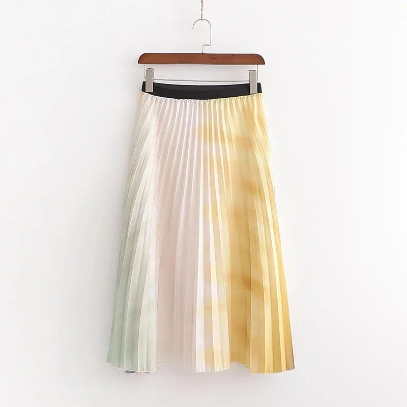

Cxd-2382 WOMEN'S Dress New Products Tie-dye Gradient Printed Elastic Waist Pleated Skirt