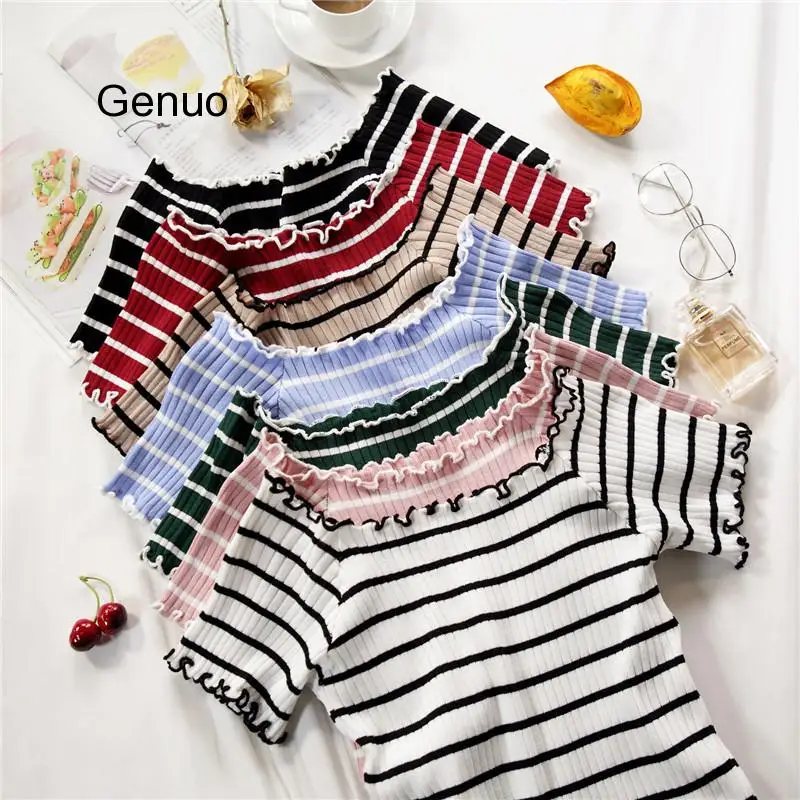 

Stripe Square Collar Cropped T-shirt New Female Students Short Sleeve Tshirts Crop Tops For Woman 2020 Summer