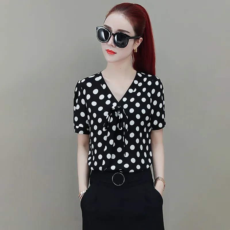 2019 Summer Sweet Slim Women’s Blouse Bow Decoration Polka Dot Chiffon Shirt V-Neck Casual Short Sleeve Women’s Blouse