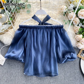 

Spring Summer 2020 Sext Slash Neck Off Shoulder Short Shirt Tops Elegant Blue/Black/White Puff Sleeve Club Party Tops For Female