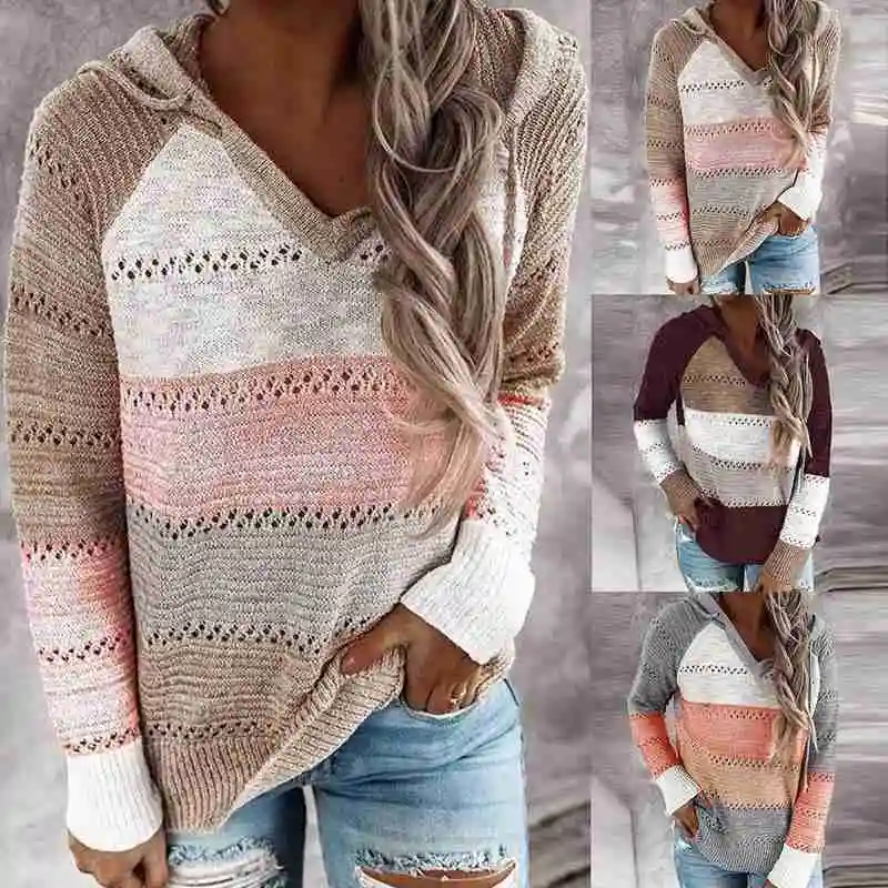 

2020 Autumn Winter V Neck Patchwork Hooded Sweater Women Casual Long Sleeve Knitted Sweater Top Striped Hollow Pullover Jumpers
