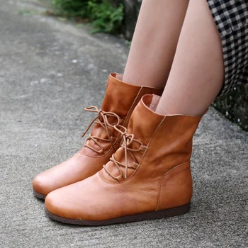 

Clearance Original Autumn and Winter Comfortable Retro Genuine Leather Women Boots Flat Bottom Soft Handmade Ankle Boots Plus Size 40-42