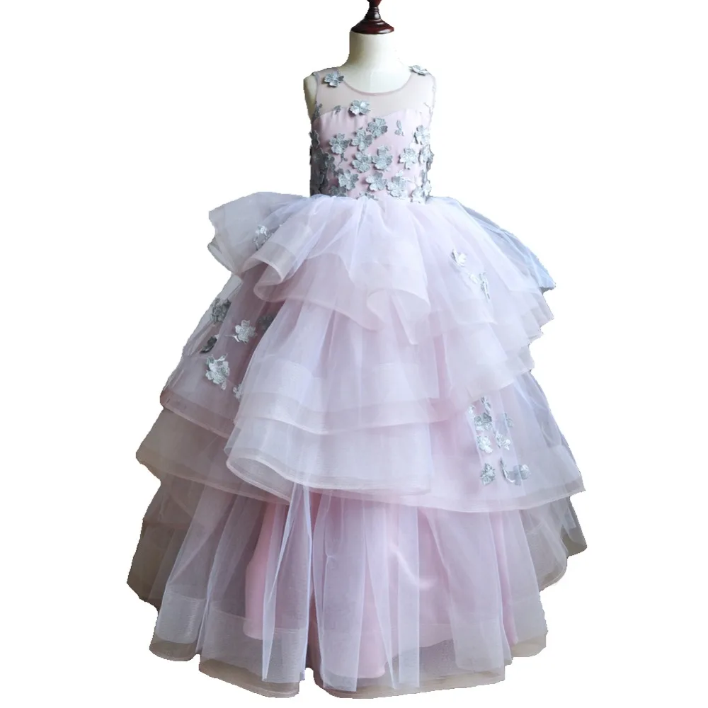 Пышные платья длиной до пола с цветочной вышивкой для девочек; Пышное Бальное платье принцессы с фатиновой юбкой для дня рождения; вечерние платья фиолетового цвета