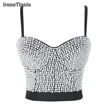 

IRENE TINNIE Summer Sexy Out White Pearl Crop Top Women Ladies Party Club Banquet Wedding Short Sleeveless Halter Top