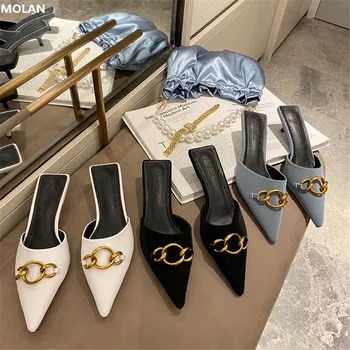 

MOLAN Brand Designer 2020 Summer Fashion Luxury Golden Metal Chain Kitten Heels Pointed Toe Lady Pumps Mules Flip Flops Outside