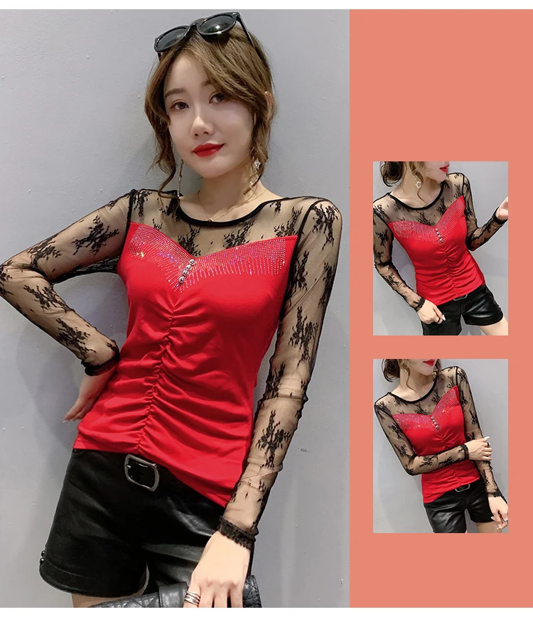 New 2020 Autumn long sleeve Women t-shirts Fashion Sexy hollow out Hot drilling Mesh shirt Plus size womens shirt blusas