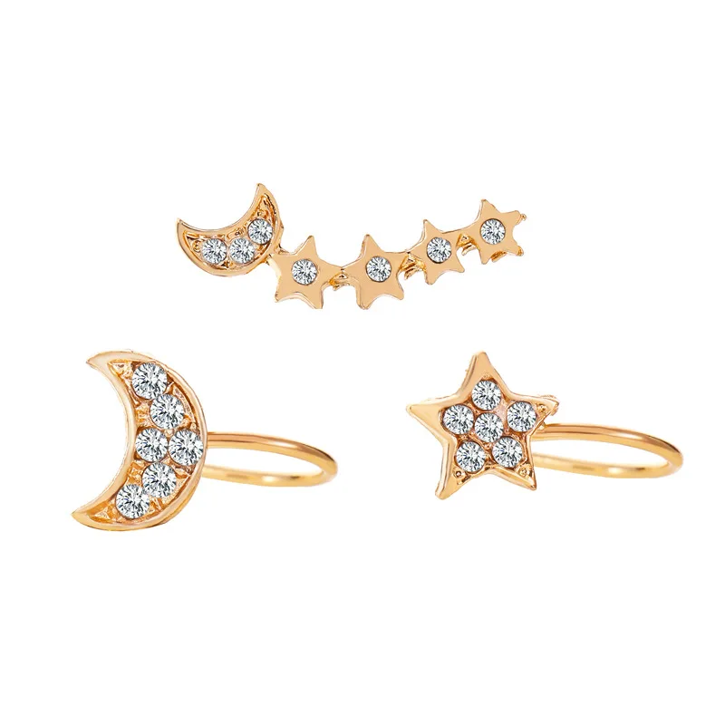2020 Trend Ear Clips Stars Moon Earrings without Puncture 3pc/set Rhinestone for Women Trendy Cubic Zirconia | Украшения и