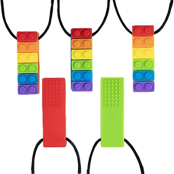 

1 Pc Block Baby Teethers Sensory Chew Necklace Brick Silicone Biting Topper Teethers Toy Rainbow Teether Wholesale