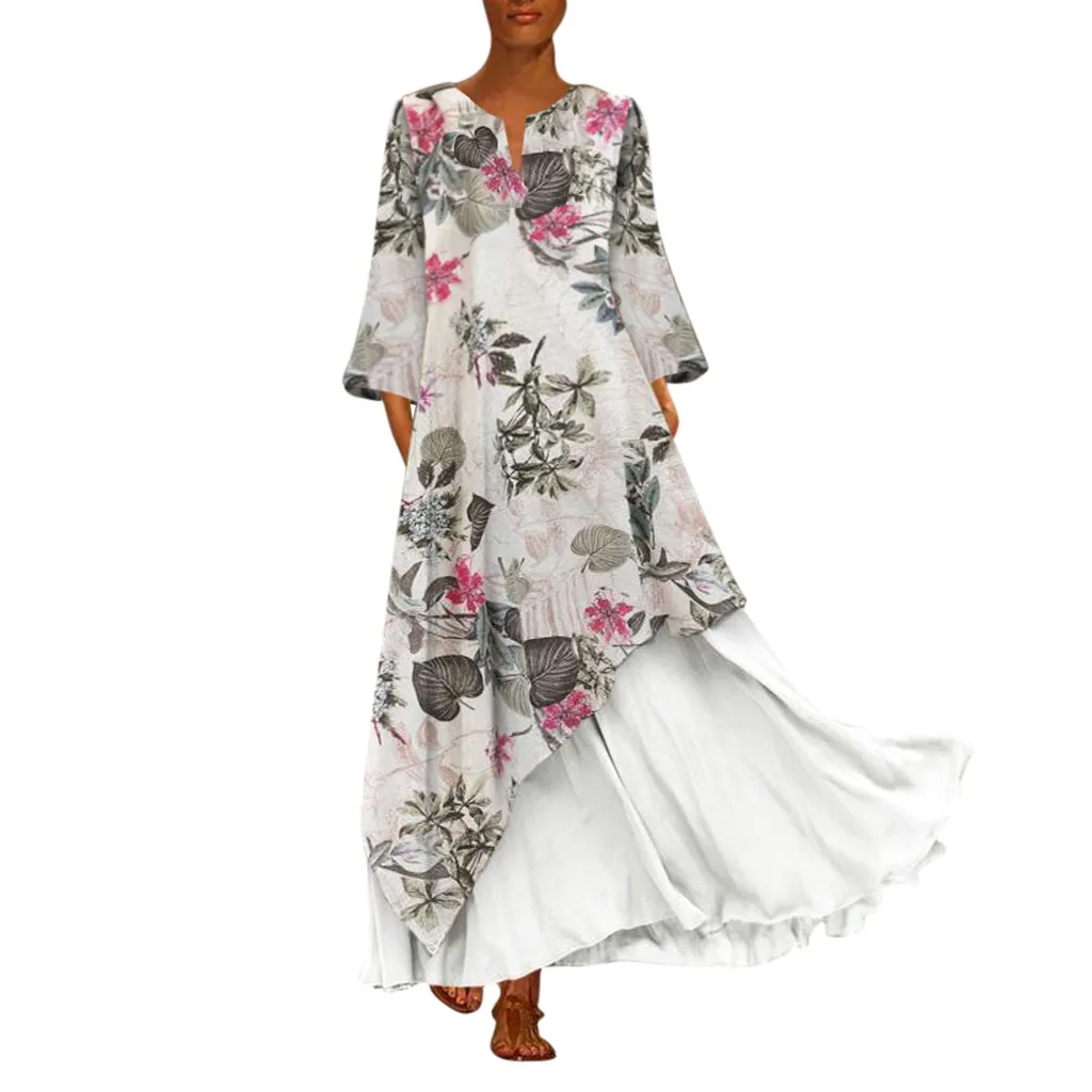 MISSOMO S-5XL Платье женское Винтажное с v-образным вырезом Макси платье размера плюс летнее платье vestidos сплайсинг цветочный длинный рукав дропшиппинг 81 - Цвет: WH