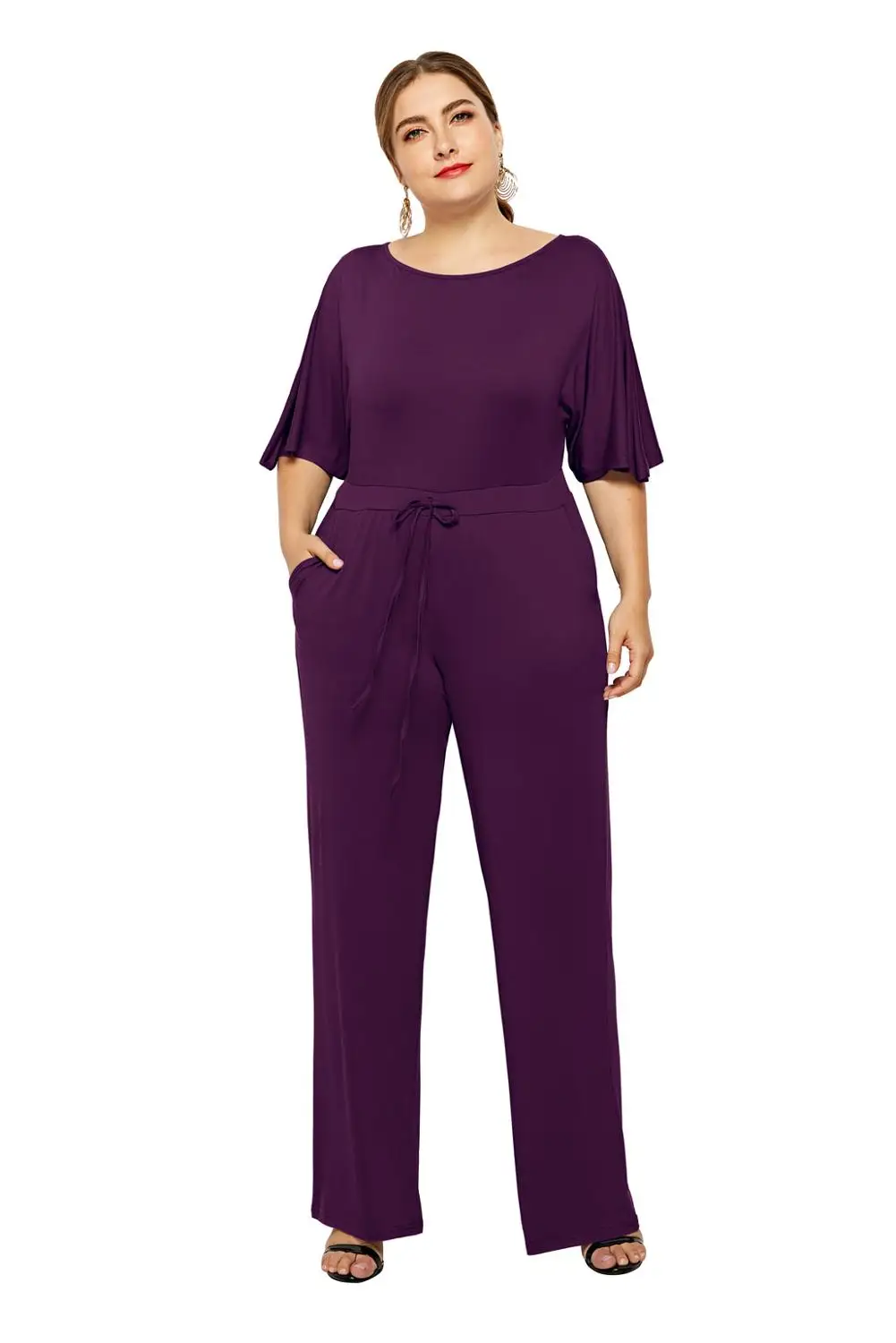 FP6019 Purple Комбинезон размера плюс, длинные штаны для женщин, осень, комбинезон на шнуровке, 3XL, повседневные одноцветные Широкие штаны, модная одежда, женский комбинезон - Цвет: FP6019 Purple