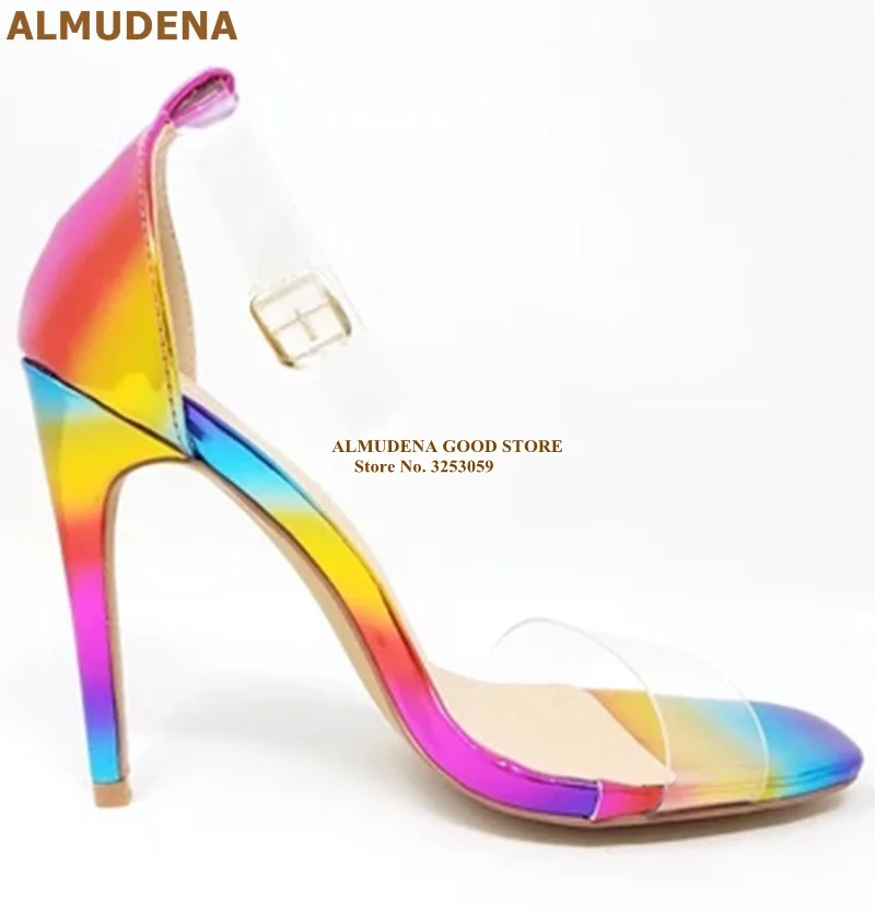 ALMUDENA/разноцветные босоножки с радужными ремешками; прозрачный ремешок из ПВХ на шпильке; свадебные туфли; оранжевые модельные туфли-лодочки с острым носком; Прямая поставка