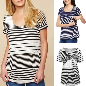 

Maternity Breastfeeding Clothes Women Pregnant Nusring O-Neck Short Sleeve Striped Tops Lactancia Ropa Trendy Tops For Women