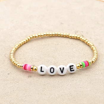 

GO2BOHO Bracelets LOVE Letter Heishi Vinyl Bracelet For Women Bohemian Femme Jewelry Gold Color Beads High Quality Armband