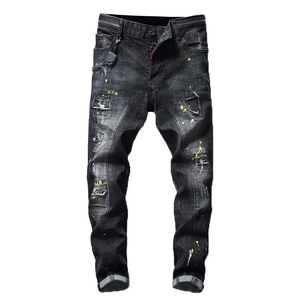 EH·MD® Black Ripped Jeans Men's Patchwork Zipper Pendant Splashed Ink Soft Zipper Belt Slim Cotton Stretch Pants Scratched 2022