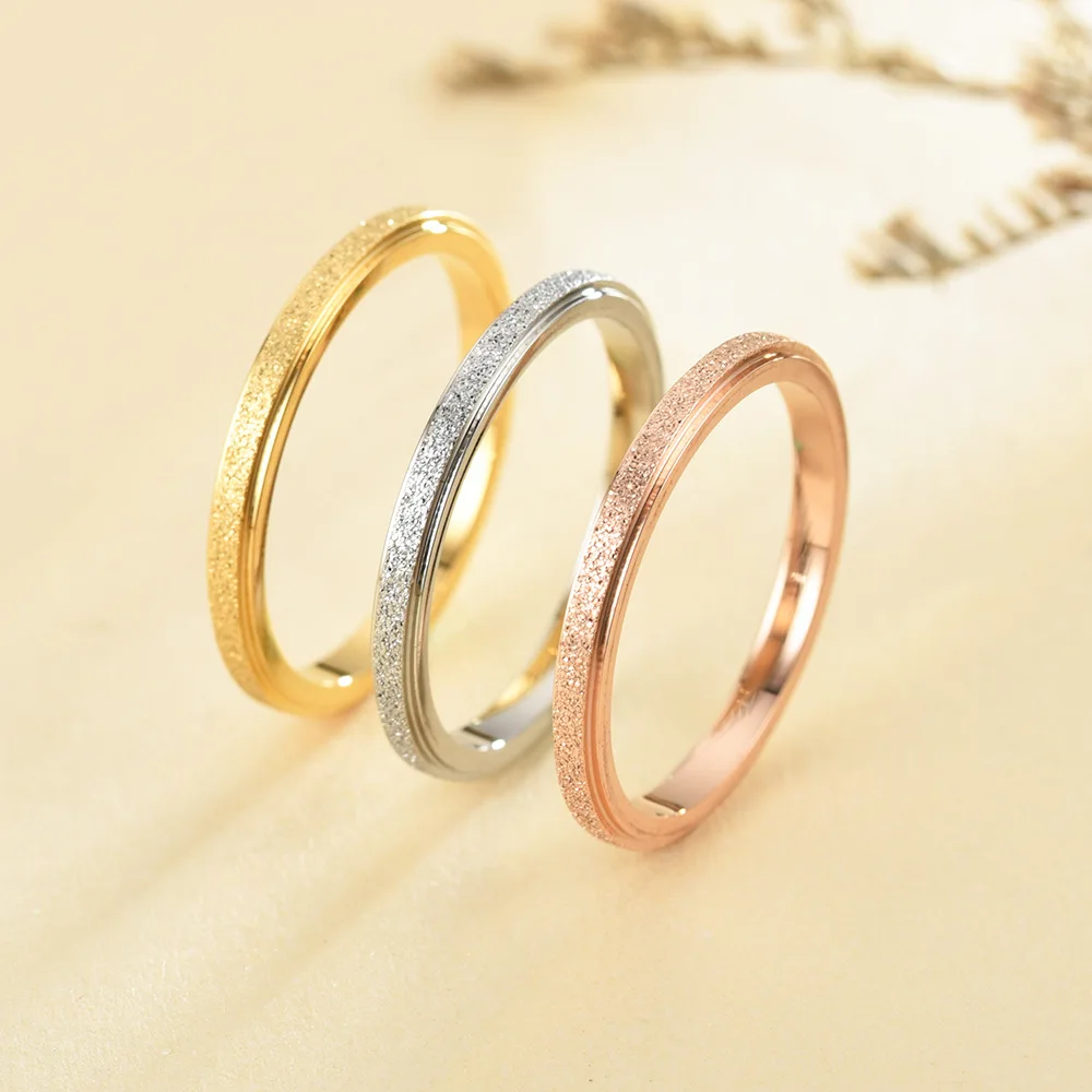 2mm Frosted Rings for Women Small Mini Rose Gold Color Stainless Steel US size 3 4 5 6 7 8 9 10