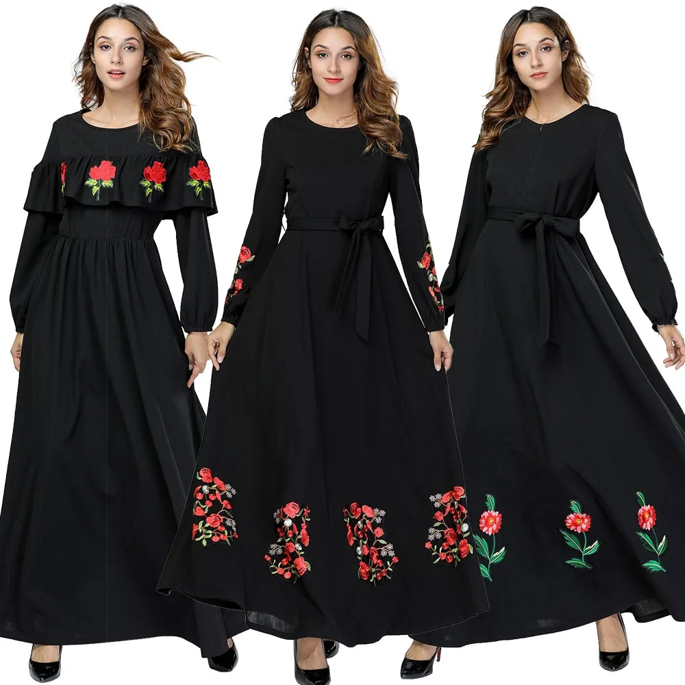 

BNSQ Spring&Autumn Long Dress Embroidered Front Zipper Muslim Breastfeeding Large Swing Sleeves Pray Pakistani Kaftan Ramadan