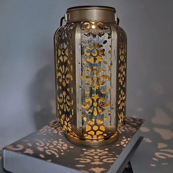 

Wrought Iron Solar Lantern LED Retro Hollow Projection Light Outdoor Garden Portable Hanging Landscape Lighting Garden Decor