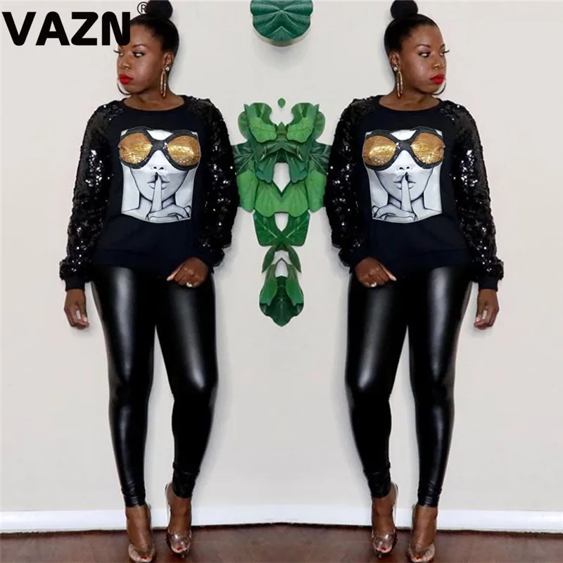 VAZN,, популярные, расшитые блестками, классические, черные, для молодых, повседневные, Неопрятные, модные, длинный рукав, для женщин, тонкие, обычные толстовки