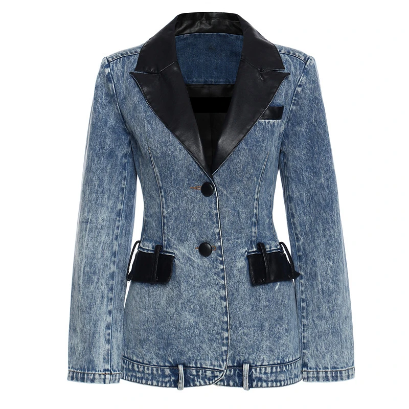 

SeeBeautiful PU Stitching Denim Loose Jacket Coat Lapel Single Breasted Long Sleeve Pockets New Fashion 2020 Winter Women M439