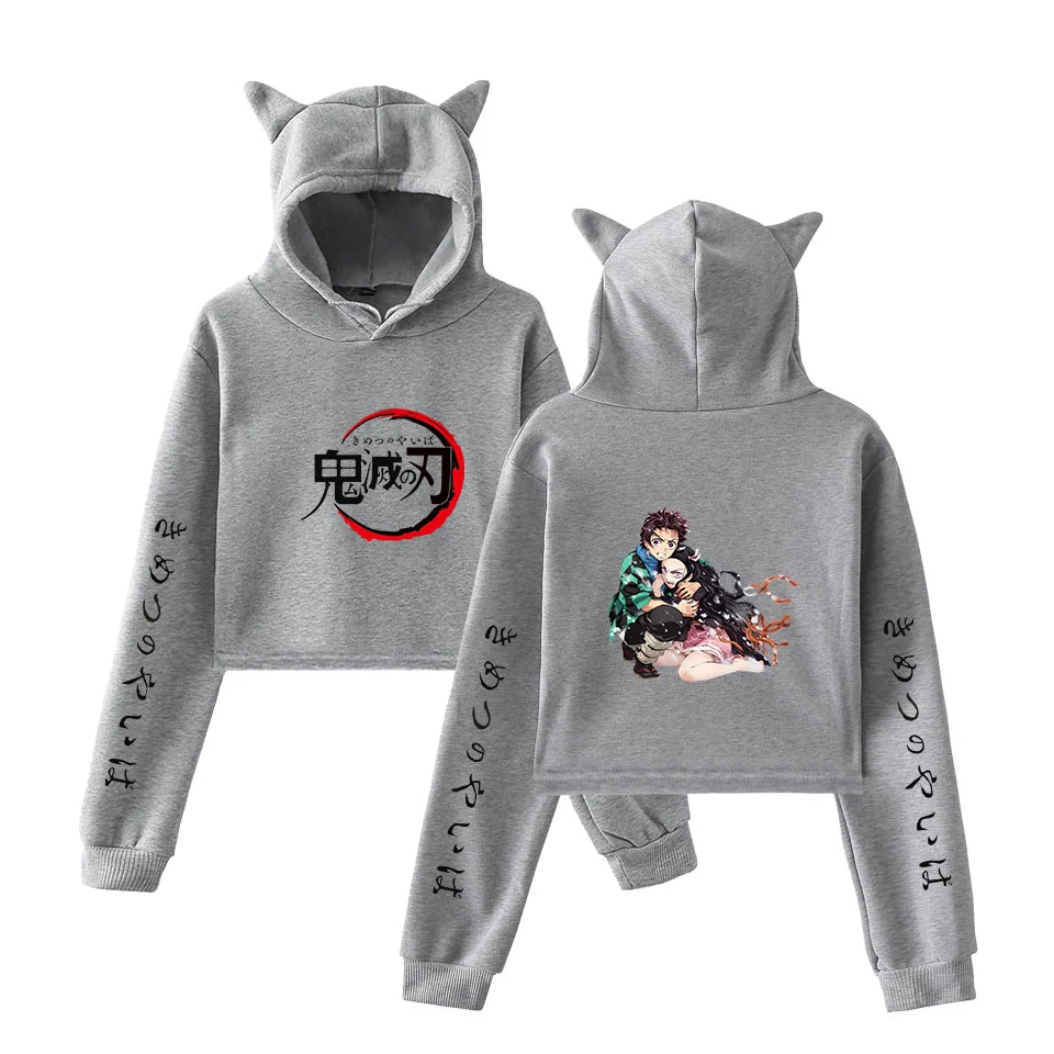 Demon Slayer сексуальные короткие толстовки короткий кошачий топ толстовки женские Kawaii толстовки с кошачьими ушками Толстовка размера плюс одежда Прямая поставка