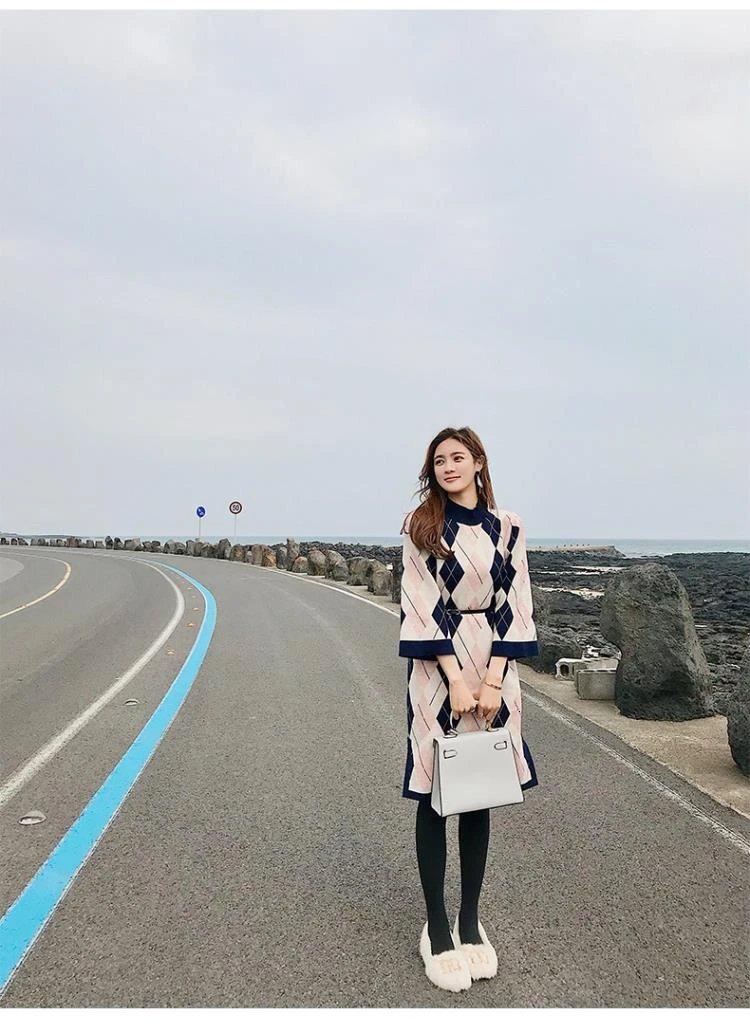Autumn Winter Women Knitted Split Sweater Dress Hit Color Plaid Thick Long Sleeve Loose Casual Christmas Dress Vestido With Belt