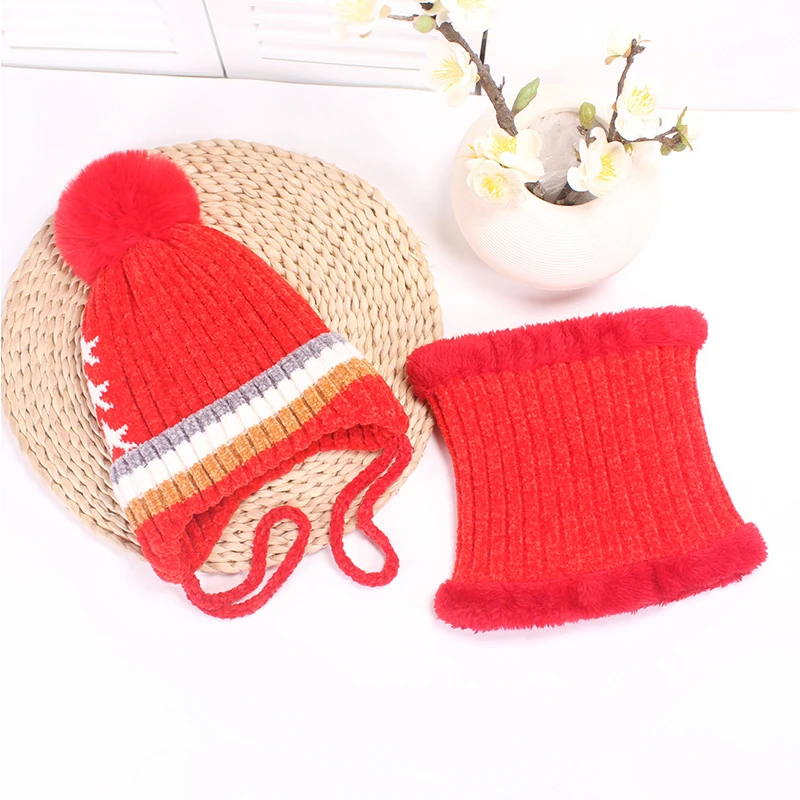 

2Pcs/Set Thicken Baby Hats Scarf With Pom Poms Turban Beanie Warm Caps Soft Hat For Childern Girls Boys Elastic Bonnet Winter