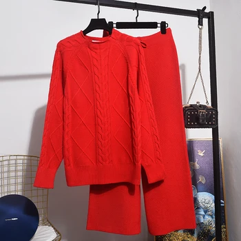 

Women Knitted Wide Leg Pants Set 2020 Spring Fashion Long Sleeve Red Woman Clothes + Loose Casual 2 Piece Set Women Tops D3634