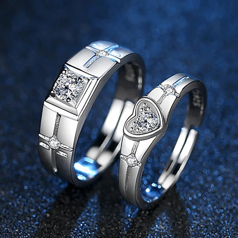Simple Crystal Heart Couple Rings Set Fashion Pair Opening Rings Stainless Steel Wedding Luxury Jewelry Gift ring set couples rings stainless steel ring finger ring opening ring wedding rings wedding ring