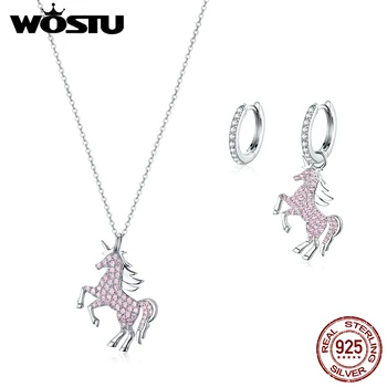 

WOSTU Real 925 Sterling Silver Fancy Unicorn Jewelry Set Necklace & Hoop Earrings Pink Zirocn For Women Wedding Jewelry Gift