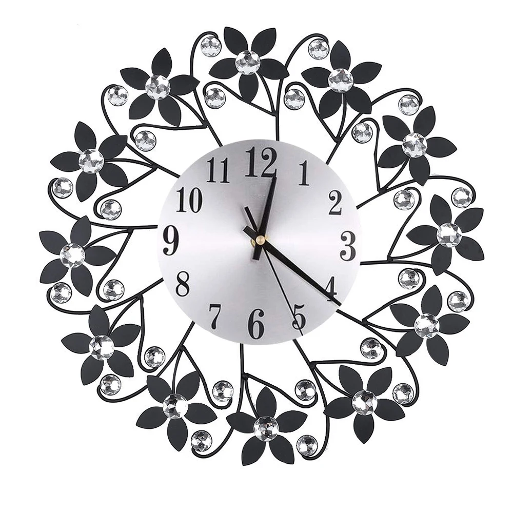 New Clock Watch 3D Wall Clocks Vintage Wrought Iron Wall Clock Luxury Diamond Round Quartz Needle Clock Mute Home Decoration